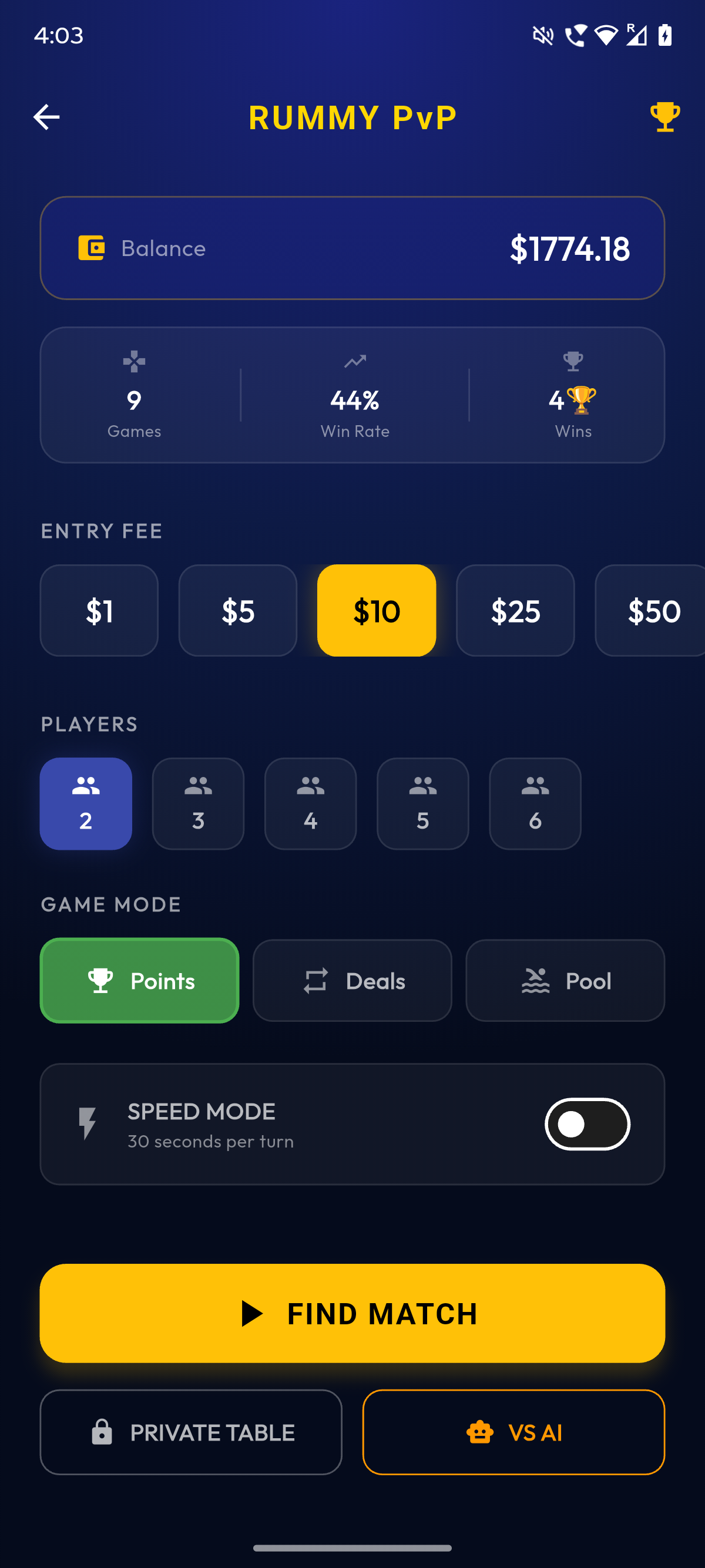 MPlay Rummy lobby showing PvP tables and stakes