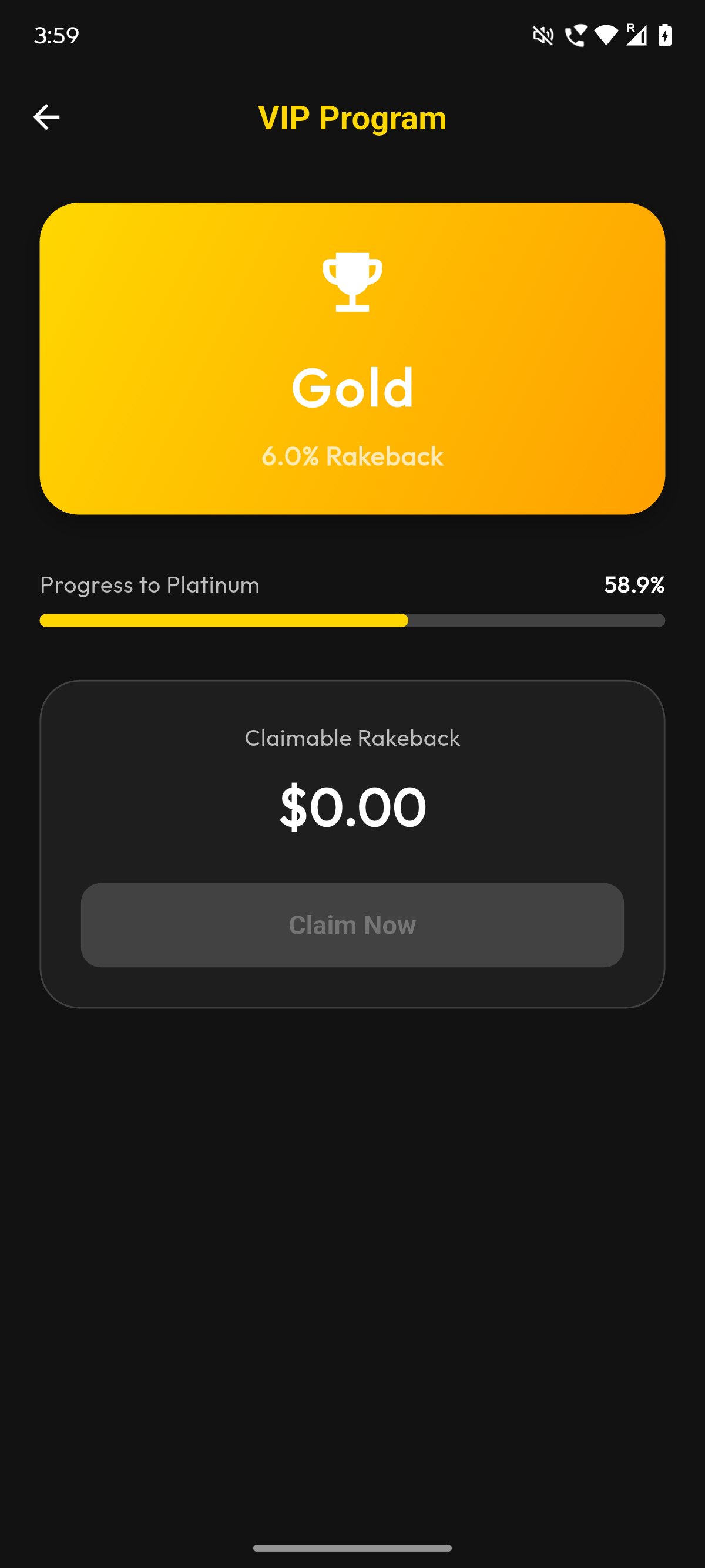 MPlay VIP Program screen showing tier progress and benefits